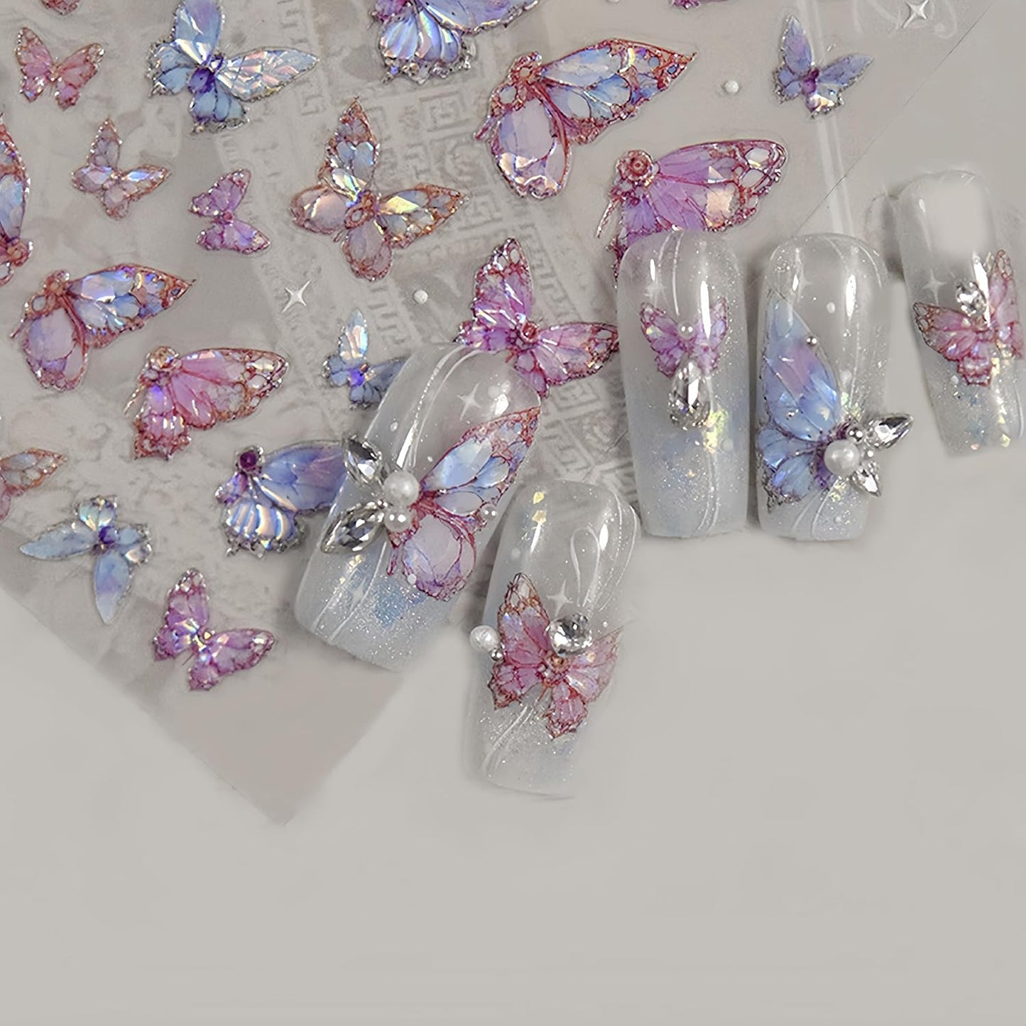 2 Sheets Butterfly Nail Art Stickers 5D Embossed Self-Adhesive Pink Aurora Sparkling Butterfly Nail Decals Designs for Women Girls DIY Nail Decoration-BrightBean Baby