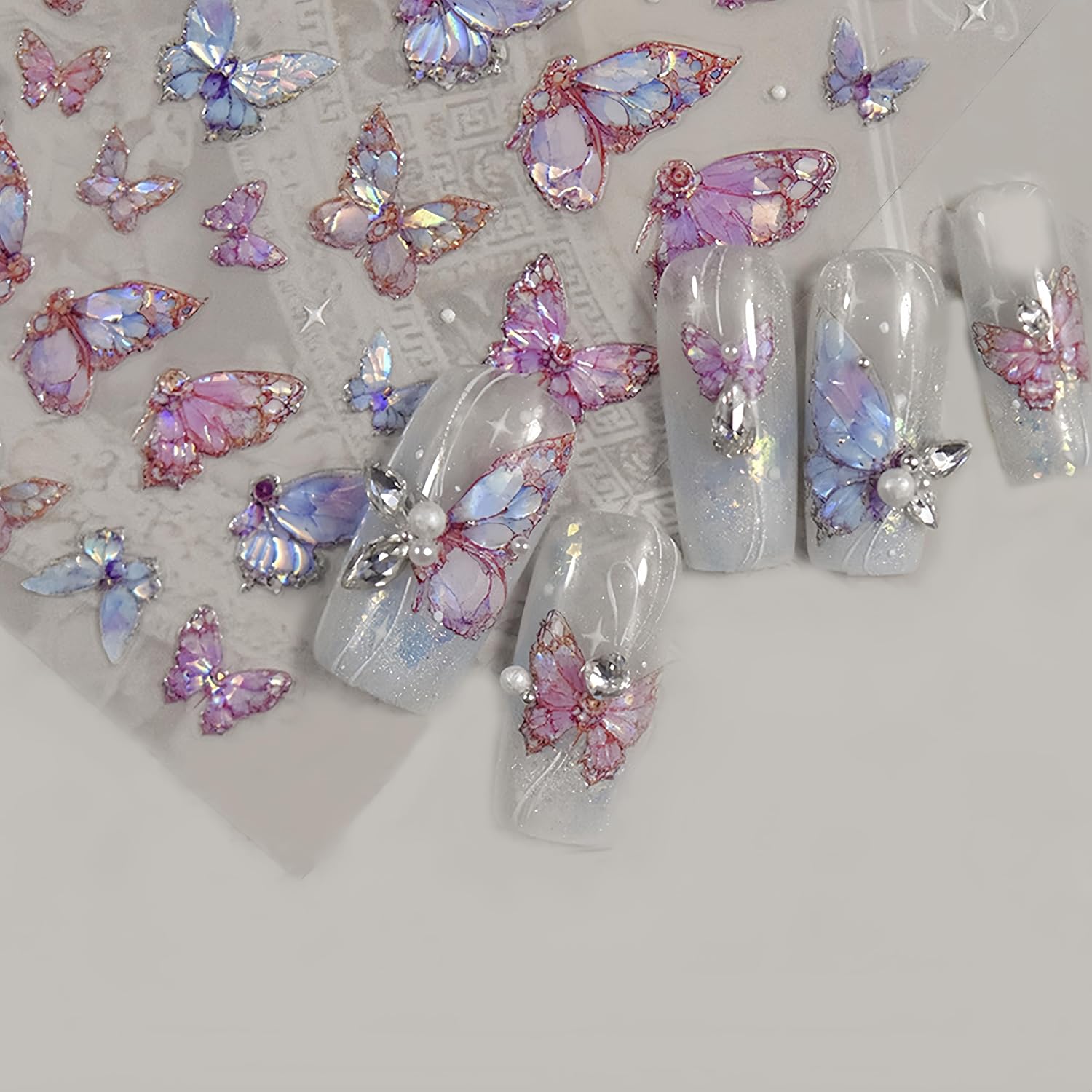 2 Sheets Butterfly Nail Art Stickers 5D Embossed Self-Adhesive Pink Aurora Sparkling Butterfly Nail Decals Designs for Women Girls DIY Nail Decoration-BrightBean Baby