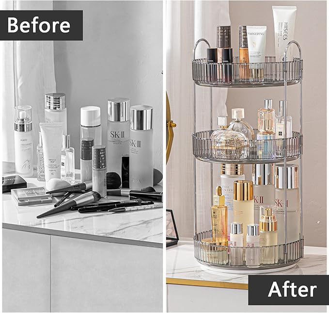 Rotating Makeup Organizer for Vanity, High-Capacity Skincare Clear Make Up Storage Perfume Organizers Cosmetic Dresser Organizer Countertop 360 Spinning (Gray, 3 Tier)-BrightBean Baby