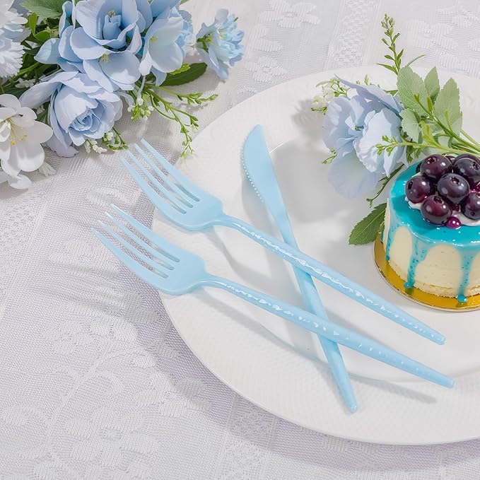 LIYH 150 Pcs Baby Blue Plastic Cutlery Sets - Light Blue Plastic Silverware Heavyduty, Disposable Utensil Sets, 50 of Each Forks, Knives & Spoons Flatware Set for Party Birthday