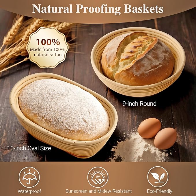 Banneton Sourdough Proofing Basket Kit, 9" Round and 10" Oval Proofing Basket with Liners & Covers, Bread Baking Supplies for Home or Professional Bakers Baking