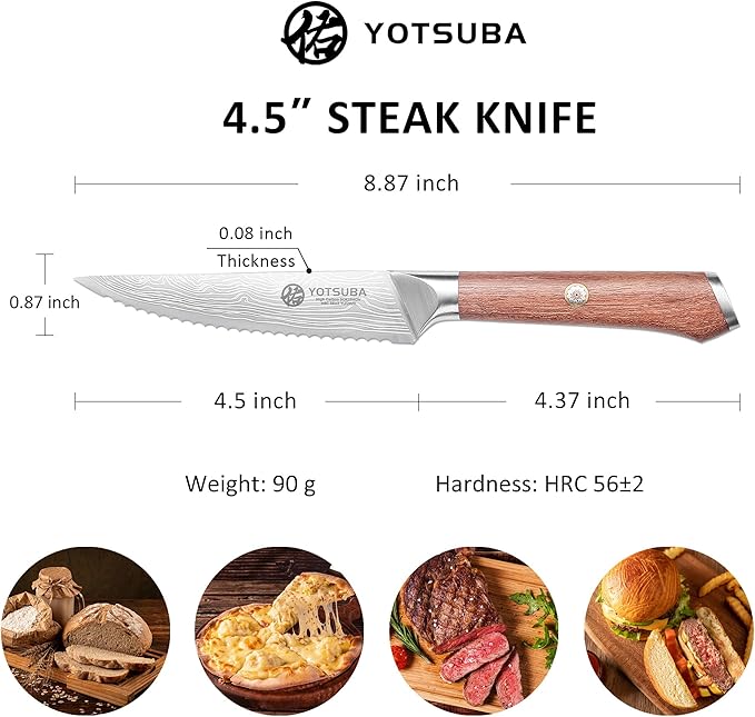YOTSUBA Steak Knives Set of 6, 4.5 Inch Steak Knife Set, Razor-Sharp High-Carbon Stainless Steel Kitchen Steak Knife with Ergonomic Wood Handle, Dinner Knives with Gift Box