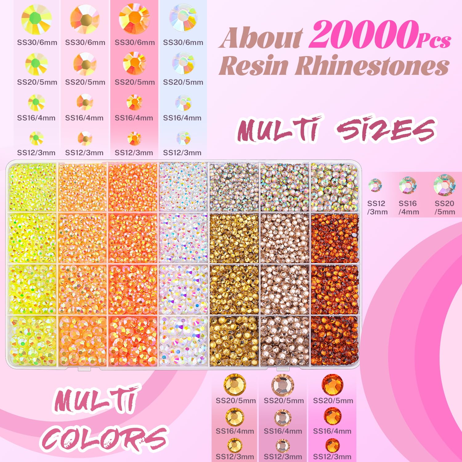 20000Pcs Yellow Rhinestones for Bedazzling with 1Pcs B7000 Jewelry Glue, Resin Rhinestones for Crafting Crafts DIY, Bedazzler Kit Gems for Clothing Shoes Tumblers Nail Art Assorted Size 3/4/5/6mm-BrightBean Baby