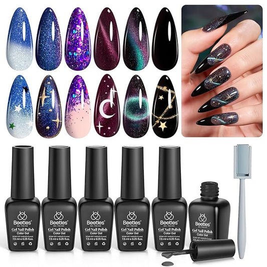 Beetles Cat Eye Gel Polish - Milky Way 6 Colors Gel Polish Set, Black Purple Blue Temperature Changing Glitter Nails, Halloween Galaxy Nails Kit with Magnet Stick Soak Off Uv Lamp Gel-BrightBean Baby