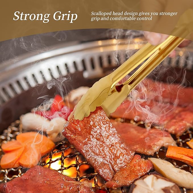 5 Pack Gold Serving Tongs Salad Tongs 9 Inch Buffet Tongs Stainless Steel Food Tong Serving Utensils for Buffet Wedding Party Catering (9 Inch, Gold)