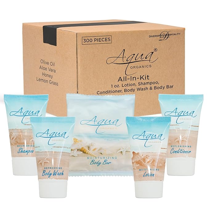 Aqua Organics Hotel Soaps and Toiletries Bulk Set | 1oz Hotel Shampoo & Conditioner, Body Wash, Body Lotion & 1oz Bar Soap Travel Size | 300 Pieces-BrightBean Baby