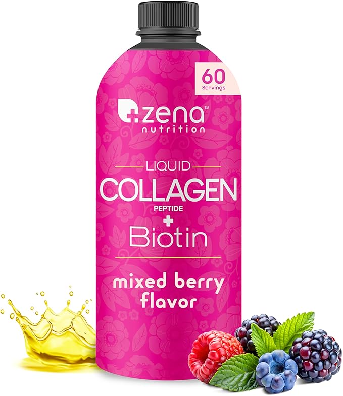 Zena Nutrition Liquid Collagen Peptides and Biotin, 2500mg Verisol Bioactive Collagen Peptides, 5000mcg Biotin, Hair, Skin, Nail Supplement for Women and Men, Mixed Berry, 60 Servings, 20.3 fl oz-BrightBean Baby
