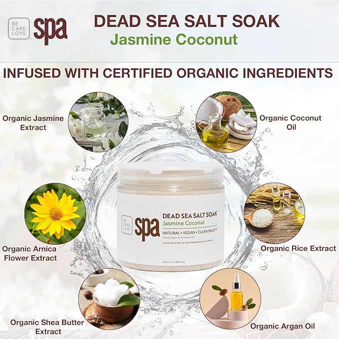 BCL SPA Dead Sea Salt Soak - Bath Salt with Organic Jasmine + Coconut, Shae Butter, Arnica, Aloe Vera Juice, Chamomile, Argan Oil & Jojoba Oil Skin Exfoliator - Home/Professional Use 16 fl oz-BrightBean Baby