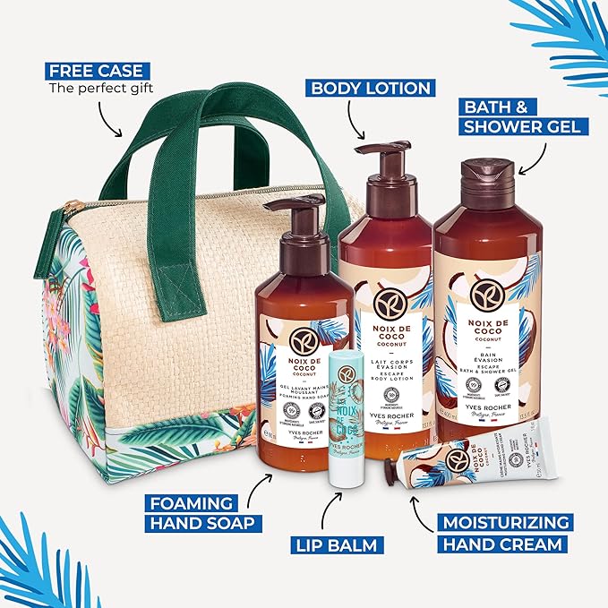 Yves Rocher Bain de Nature Coconut 6-Piece Gift Set, Shower Gel, Hand Cream, Body Lotion, Lip Balm, Hand Soap & Vanity Bag, 6 Items-BrightBean Baby