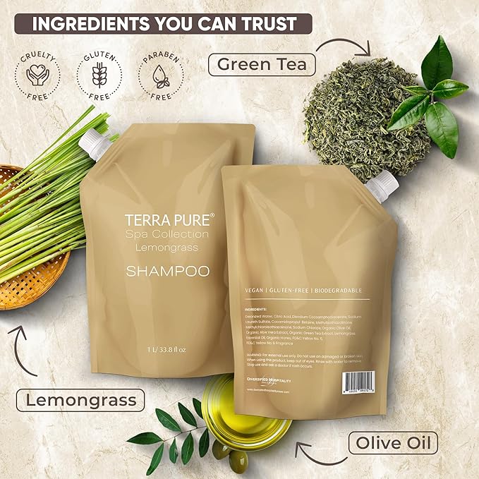 Terra Pure Spa Collection 1 Liter Shampoo Refill Bag For Soap Dispensers | Bulk Toiletries for Vacation Rentals, and Home Bathroom Showers | Green Tea Lemongrass | Single-BrightBean Baby