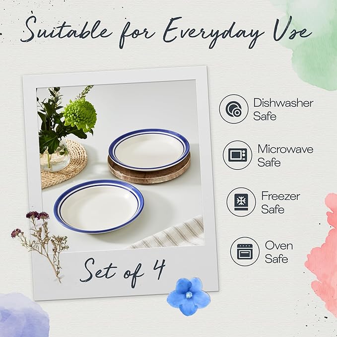 Portmeirion Potter's Stripe Salad Plate (Set of 4) - 8" Earthenware Plates with Classic Striped Rim - Microwave, Dishwasher, Freezer, Oven Safe - Ideal Modern Dinnerware Set (Blue Stripe)