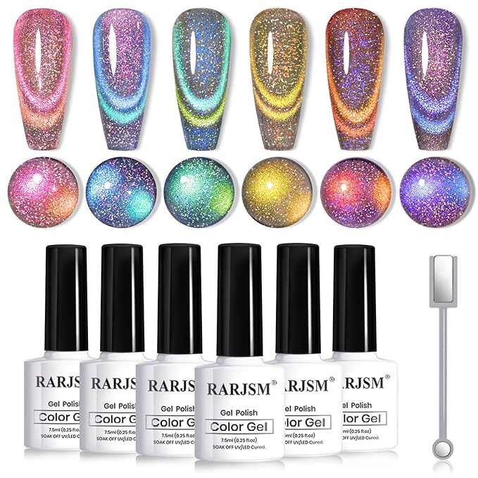 RARJSM 9D Chameleon Glass Cat Eye Gel Nail Polish Set 6Pcs Pink Purple Blue Green Yellow Multi Color Cateye Galaxy Shimmer Gradient Effect with Magnetic Stick UV LED Curing Require Home Salon-BrightBean Baby