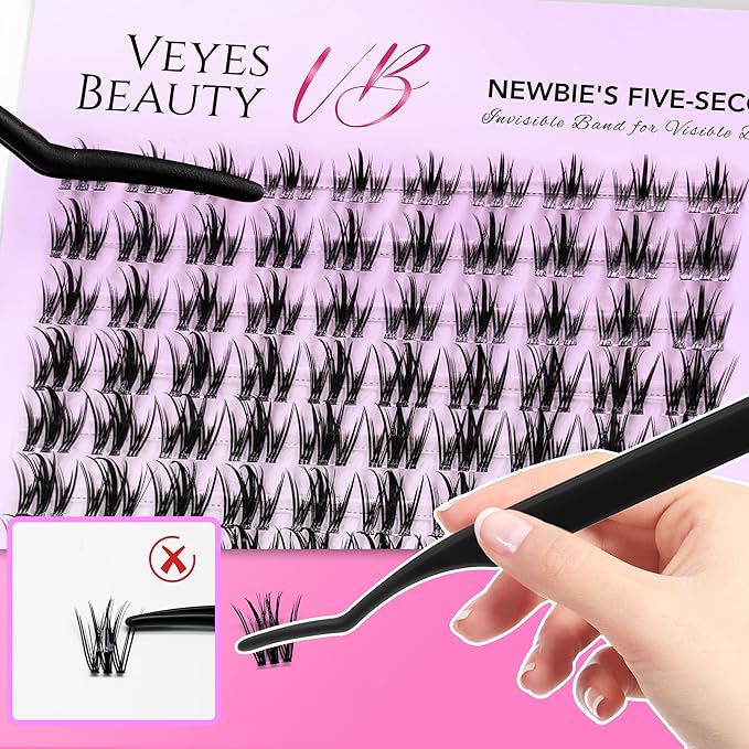 VEYESBEAUTY Lash Clusters Eyelash Extensions Thin & Invisible Band DIY Individual False Eyelashes Newbie's Five-Second Series Wispy Lash Tray for Self-application, Camellia Lashes 8-18mm Mixed Length-BrightBean Baby