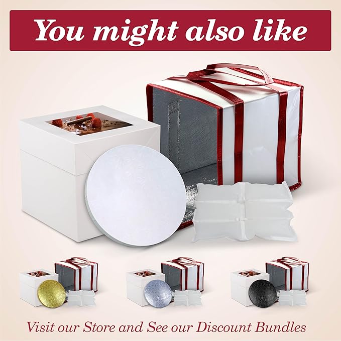 Cakebon Cake Boxes with Boards - 8 Inch Round Cake Drum Silver - Box With Window for Birthdays, Weddings and Parties (1pc Each, 2pcs Total)