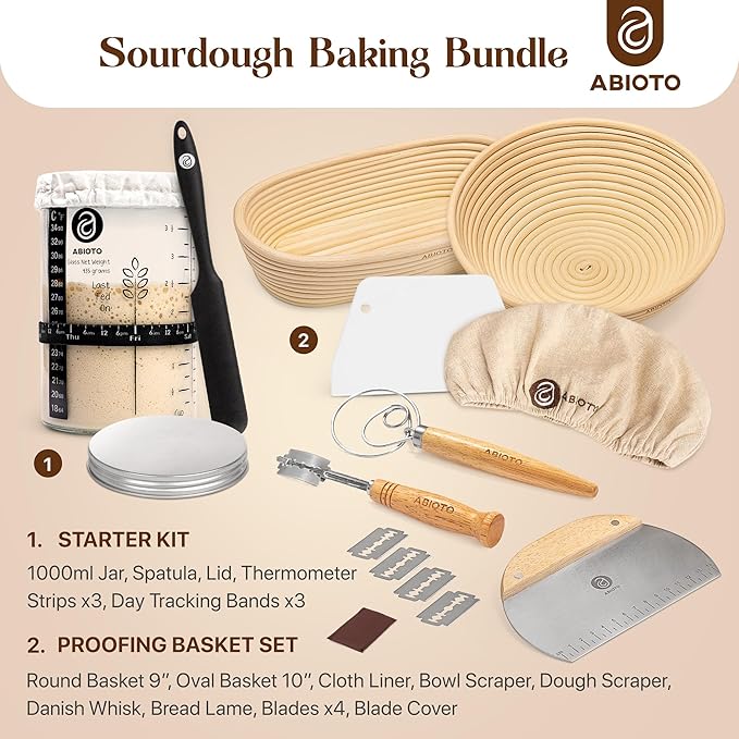 Sourdough Bread Baking Supplies and Starter Kit - Ultimate Bread Making and Sourdough Starter Kit with Proofing Baskets, Sourdough Jar, Bread Lame, Scrapers & Danish Whisk