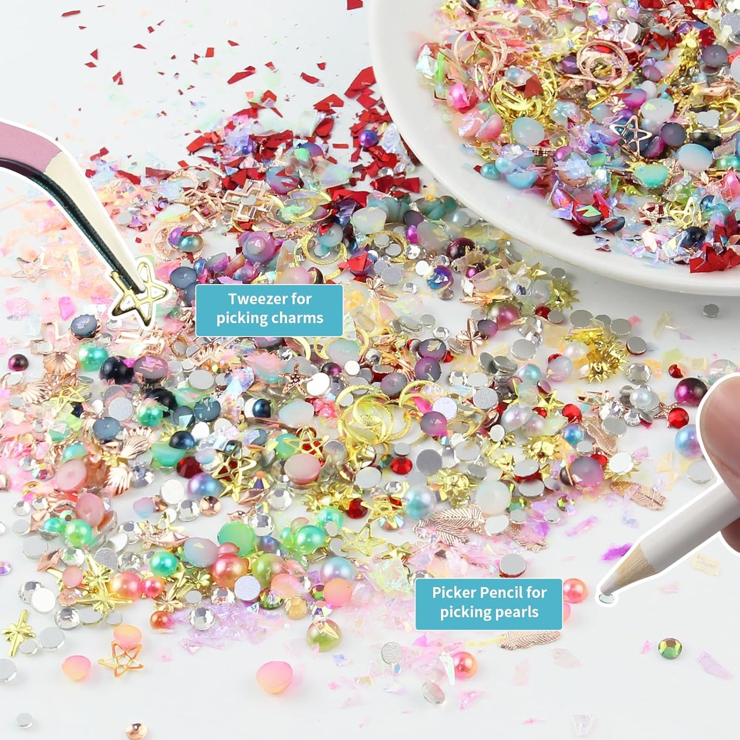 Artdone Nail Art Studs Kit, 6 boxes Multicolor And Design 3D Charms With 15 Sheets Gold Nail Stickers, Diamond Cute Nail Jewels For DIY Decoration with Pickup Tools-BrightBean Baby