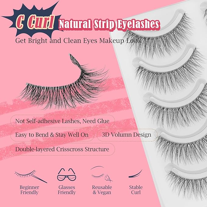 False Lashes Natural Look Wispy Eyelashes 13MM Eye Lash Pack for Daily C Curl Natural Lashes 7 Pair Siligli-BrightBean Baby