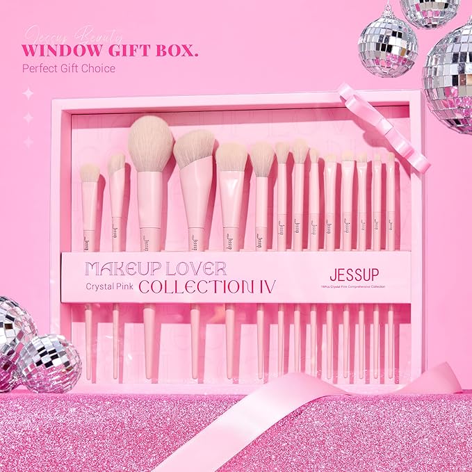 Jessup Pink Makeup Brushes Set 14Pcs Make up Brushes Premium Vegan Foundation Concealer Blush Eyeshadow Eyeliner Powder Highlighter Blending Face Brush Set with Gift Box, T495-G-BrightBean Baby