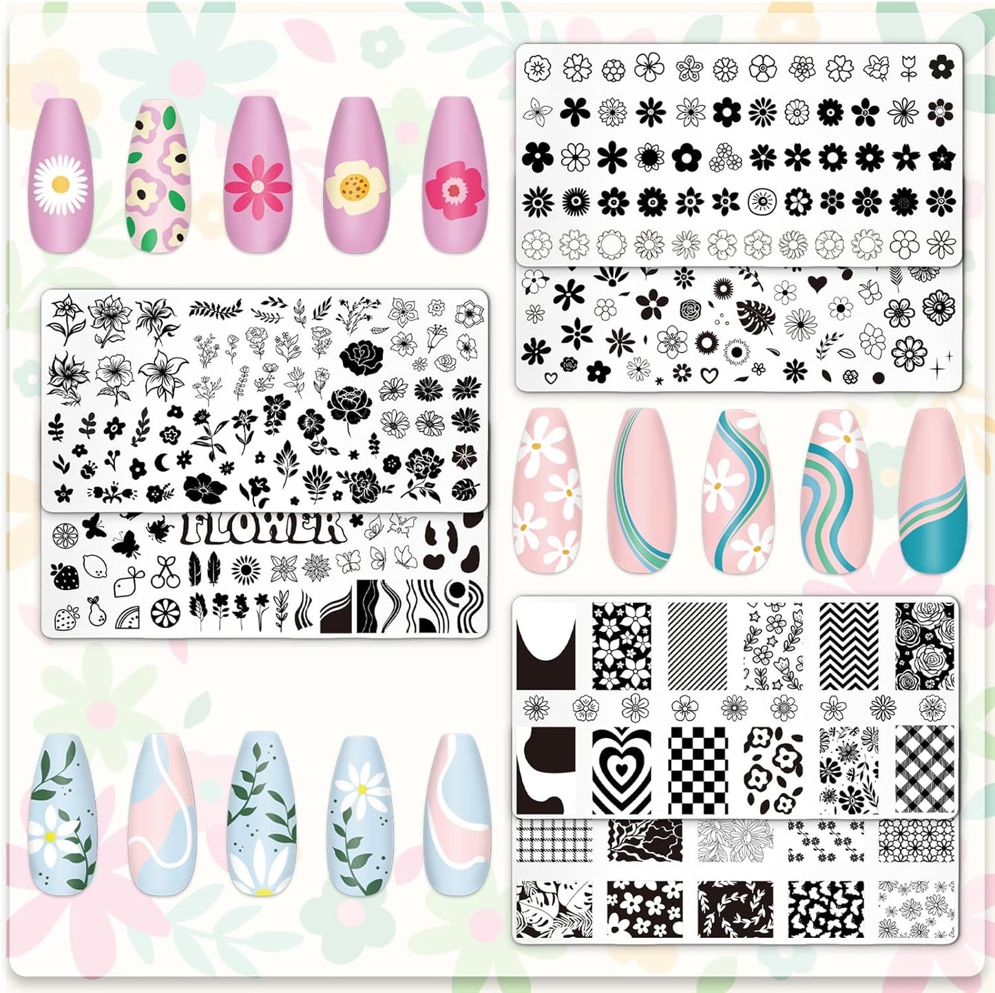 Whaline 6Pcs Simple Floral Nail Plates Stamping Set Flower Leaves Stamp Templates Nail Art Plates for DIY Print Manicure Salon Design Gift-BrightBean Baby