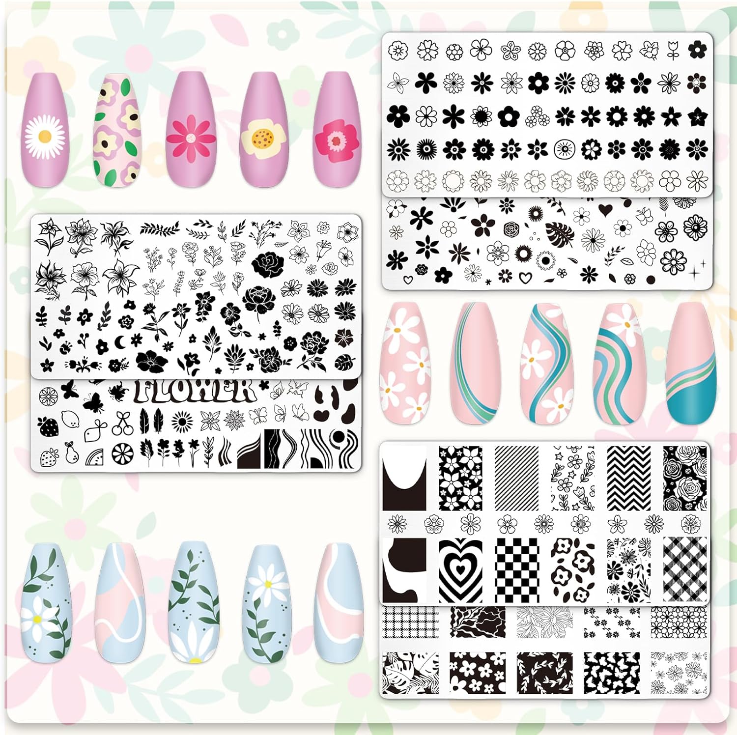 Whaline 6Pcs Simple Floral Nail Plates Stamping Set Flower Leaves Stamp Templates Nail Art Plates for DIY Print Manicure Salon Design Gift-BrightBean Baby