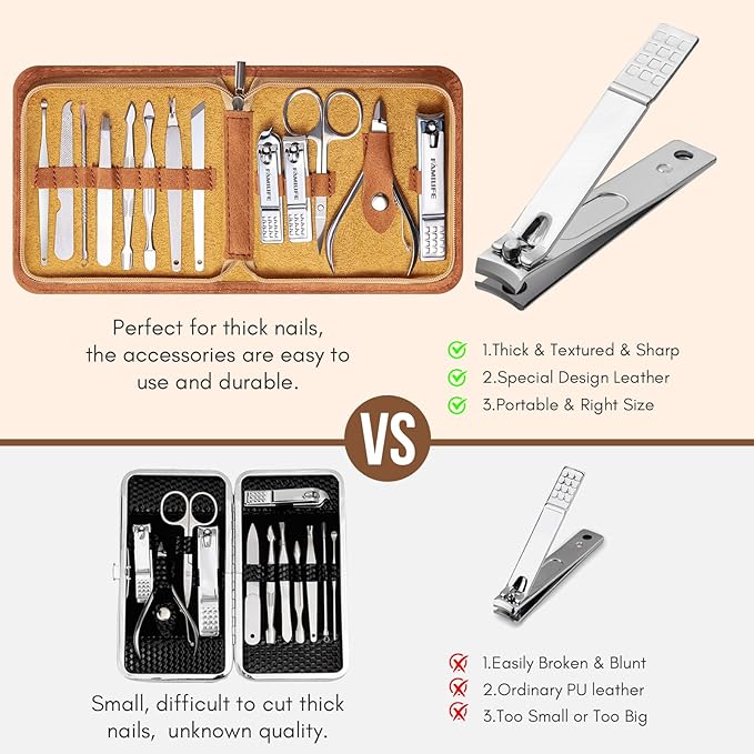 FAMILIFE Manicure Set, Nail Professional Kit Manicure Kits Nail Clipper Sets, 13PCS Stainless Steel Pedicure Sets Mens Grooming Tool, with Brown Leather Travel Case for Men-BrightBean Baby