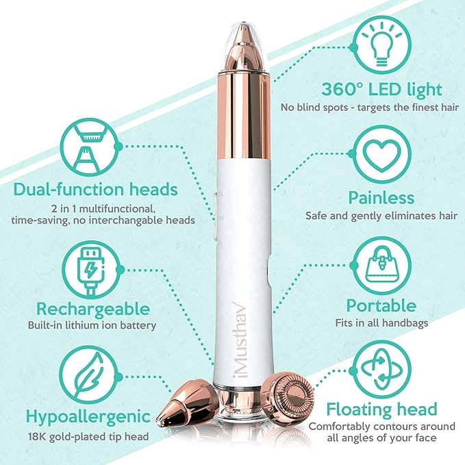 2-in-1 Portable Rechargeable Painless Eyebrow Trimmer & Facial Hair Remover, removes Eyebrow, face, Lips and Body Hair for Women. 18K Gold Plated Hypoallergenic Heads, 360° LED Light for Hair Remover-BrightBean Baby