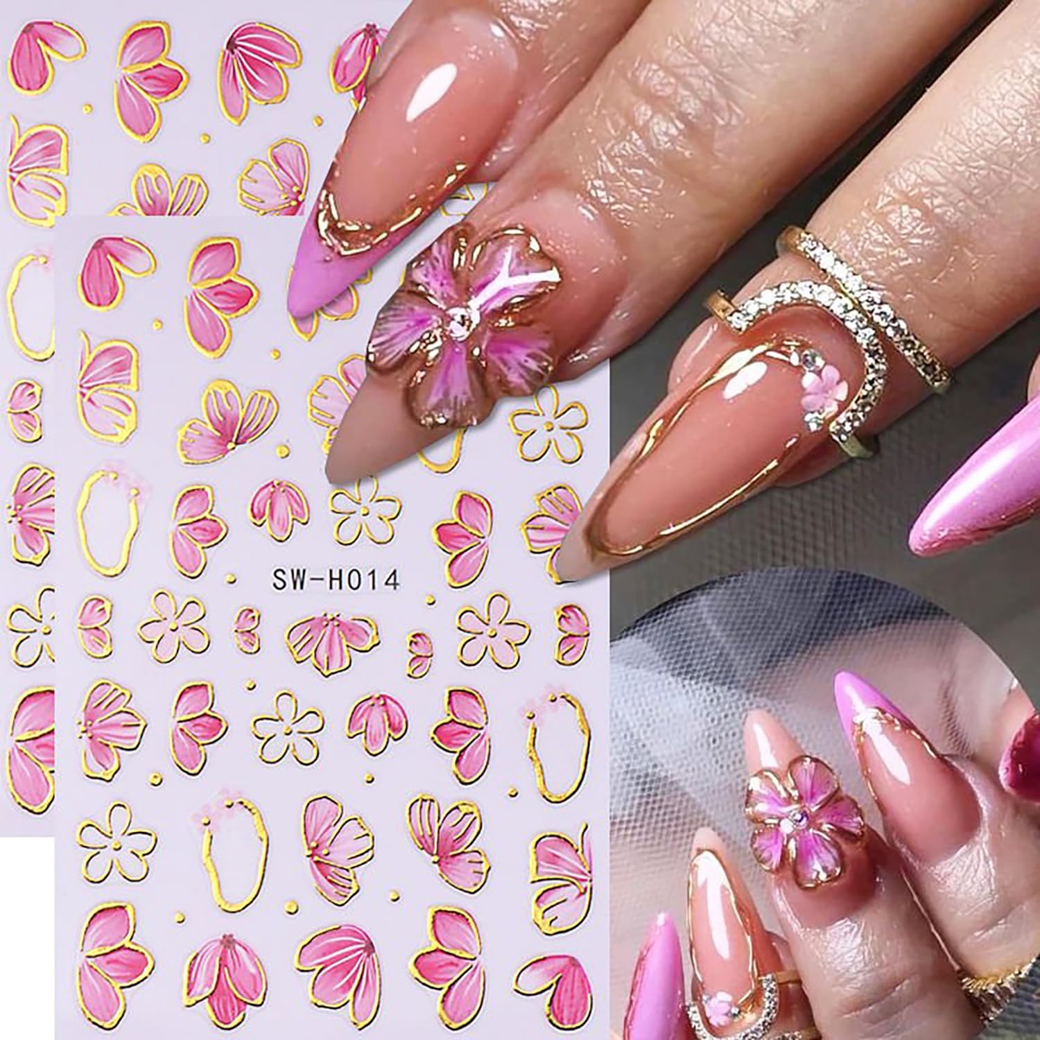 6 Sheets Flower Nail Art Stickers 3D Self-Adhesive Hot Stamping Blossom Nails Sticker Spring Nail Art Decals Holographic Floral Nails Decal Decoration for Women Flowers Manicure DIY Nail Supplies-BrightBean Baby
