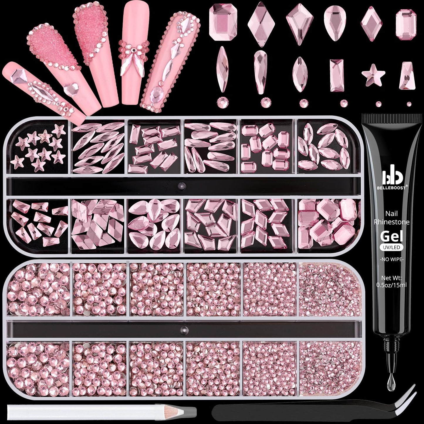 3220 Pink Glass Nail Rhinestones - Multi Shapes, Flatback Gems + 3100 Round Crystal with Glue Gel, Manicure Nail Charms for Art-BrightBean Baby