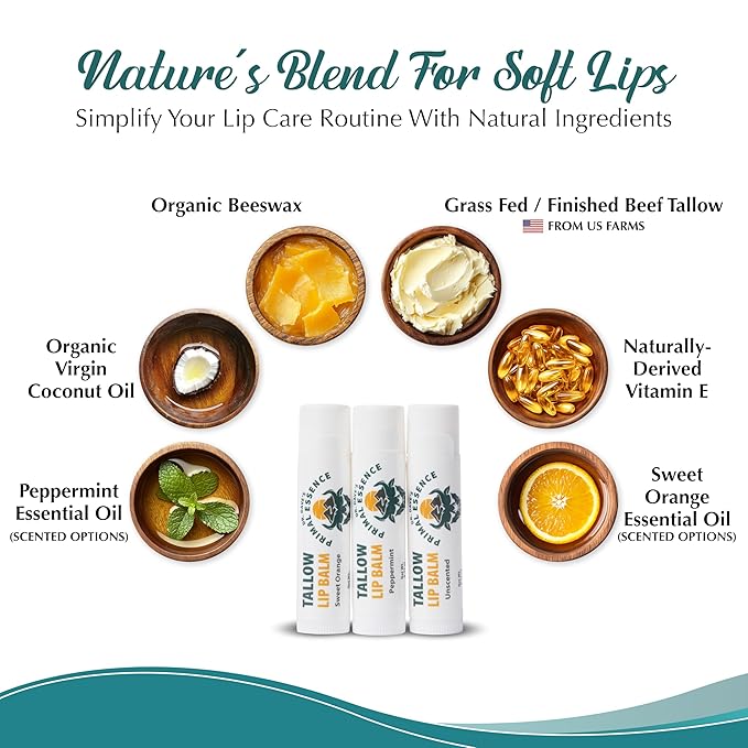 Moisturizing Tallow Lip Balm – Grass-Fed Beef Tallow with Organic Coconut Oil, Beeswax, and Vitamin E – Lip Balm Set – Variety Pack – Travel Essential – 3-Pack-BrightBean Baby