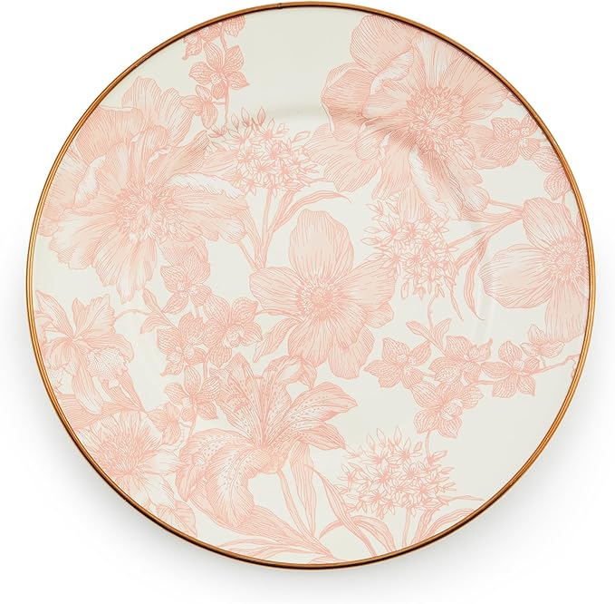MACKENZIE-CHILDS Enamel Salad and Dessert Plate, Small Plate for Appetizers or Desserts, 8 Inches, Pink-and-White Rosy English Garden