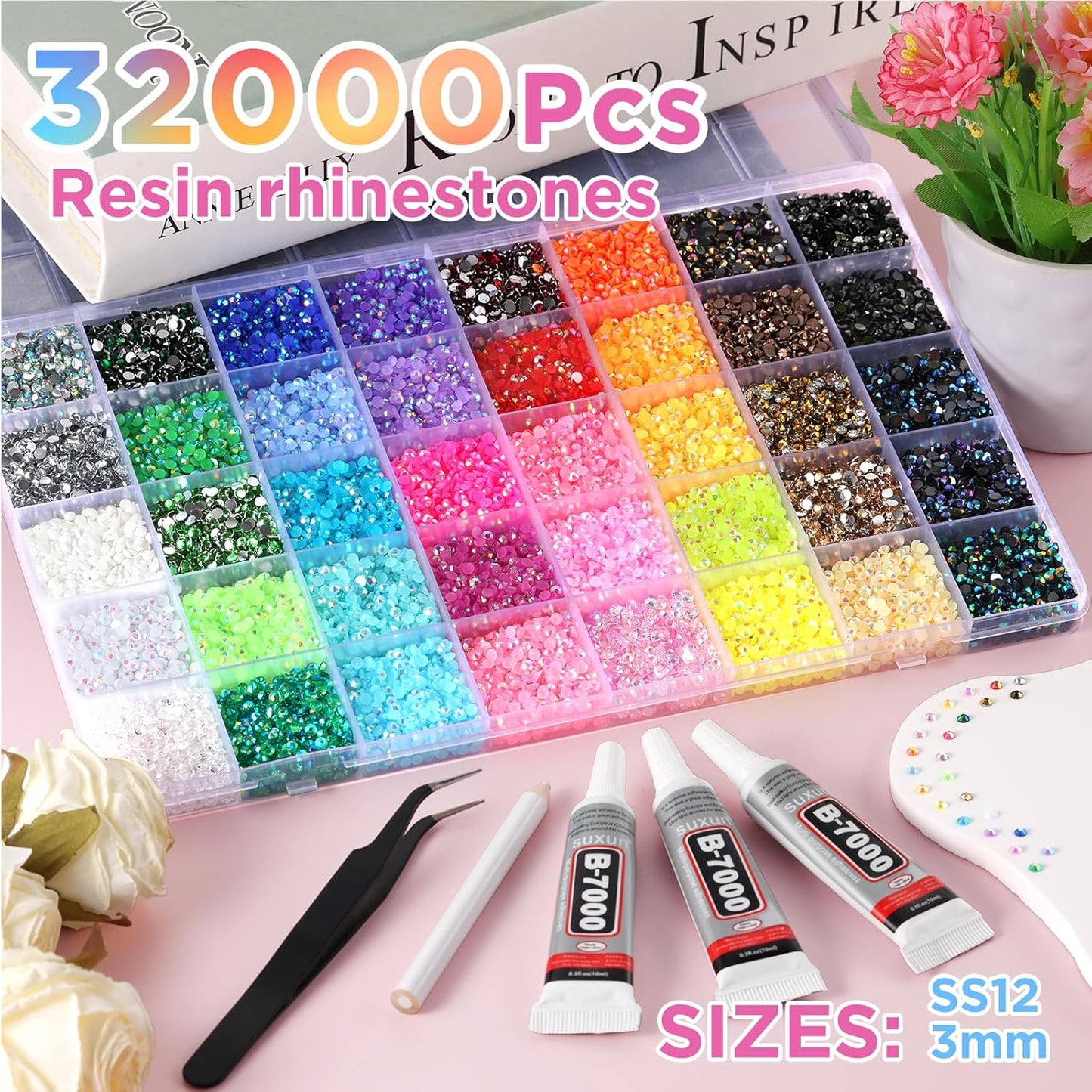 Zefy 40 Colors Resin Jelly Rhinestones for Bedazzling, 3mm 32000 Pcs Flatback Gems for Crafting, Bedazzling Kit with 3Pcs B7000 Glue for Clothing Shoes Nail Book Diamond Art-BrightBean Baby