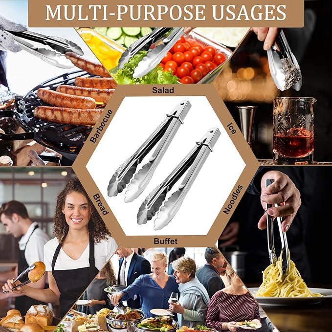Meanplan 50 Pcs Small Stainless Steel Kitchen Tongs 7 Inch Food Serving Tongs Metal Cooking Clips High Heat Resistant Clips with Sliding Rings for Buffet Food Cooking Salad Grilling, Silver