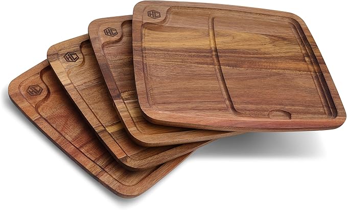 HexClad 4-Piece Bistecca Wooden Steak Plate Set with Juice Channel for Meats, Stackable Design with Straight Edges and Completely Flat Base, Easy to Clean, Lightweight and Durable