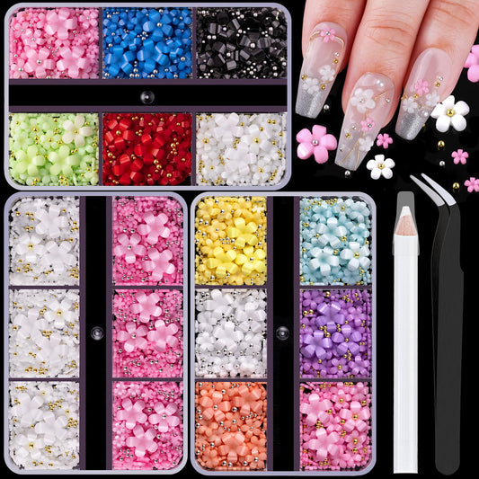 3D Flowers for Nails, Colorful Acrylic Flower Nail Charms with Caviar Beads, Rhinestones for Nails 3D Nail Charms for Acrylic Nails with Pickup & Dotting Tools for Manicure DIY Nail Art Decor-BrightBean Baby