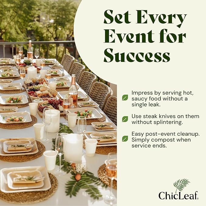 Chic Leaf Palm Leaf Compostable Plates - 6" Square, Pack of 50 - Disposable Dinnerware - Rustic Bamboo Appetizer Plates - Charcuterie Boards & Biodegradable Serviceware