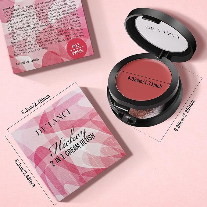 DE'LANCI Hydrating Cream Blush for Cheeks & Lips & Eyeshadow, Creamy & Long-lasting Waterproof Blush Balm, Lightweight Matte Blush for natural look, Travel Size, Highly Pigmented, Built-in Brush, Wine-BrightBean Baby
