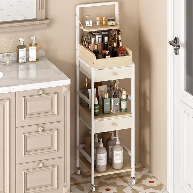 Wisdom Star Makeup Organizer Cart with 2 Drawers, Floor Skincare Organizers, Makeup Storage, Vanity Organizer, Cosmetics Display, Versatile Skin care Perfume Nail Polish Storage Rack for Bathroom-BrightBean Baby