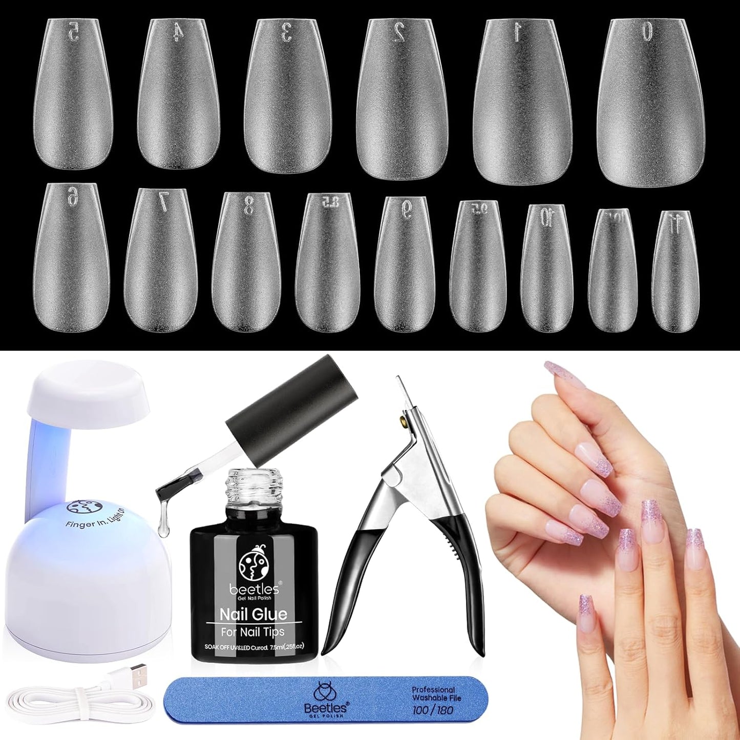 Beetles Gel Polish Nail Extension Kit,240 Pcs Pre Shaped Short Coffin Nail Tips Full Matte Gelly Tips&5 in 1 Nail Glue Base Coat Innovative Uv Led Lamp for DIY Easy Home Manicure Gift-BrightBean Baby