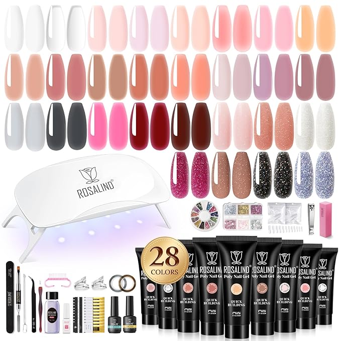 ROSALIND 28 Colors Poly Nail Gel Kit with Mini U V/LED Lamp White Nude Poly Nails Gel Kit Starter Kits With Slip Solution Pink Extensions Set for Nail Manicure Beginner-BrightBean Baby