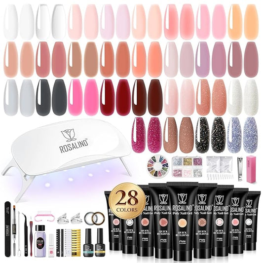 ROSALIND 28 Colors Poly Nail Gel Kit with Mini U V/LED Lamp White Nude Poly Nails Gel Kit Starter Kits With Slip Solution Pink Extensions Set for Nail Manicure Beginner-BrightBean Baby