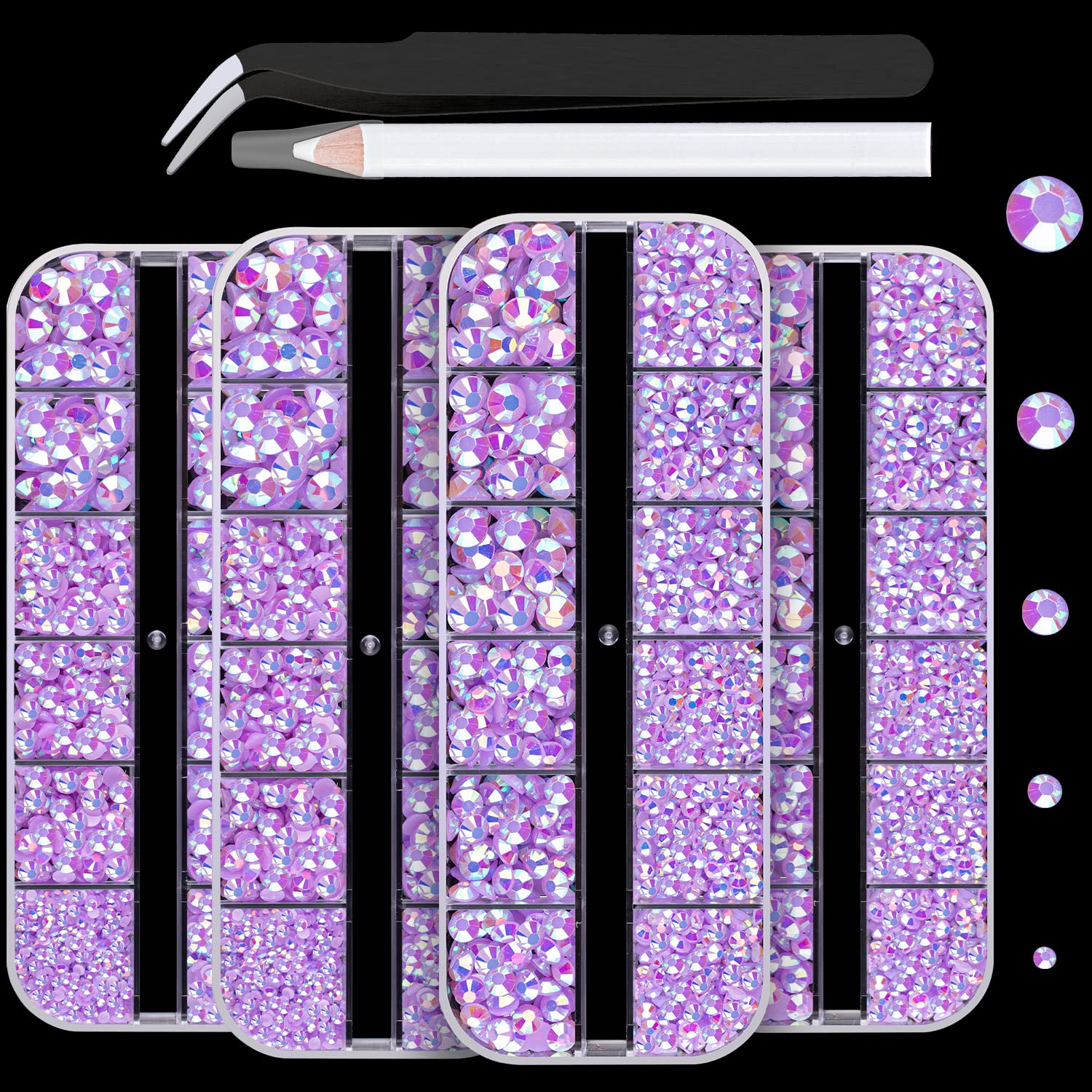 7000PCS Resin Rhinestones with Tweezers for Crafting, 2/3/4/5/6mm Flatback Jelly Rhinestones, 4 Box Lavender Purple AB Non Hotfix Crystal Gems for DIY Crafts Mugs Tumblers Clothes Makeup Nail-BrightBean Baby