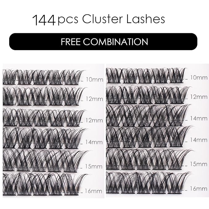 Lash Clusters 144 Pcs Individual Lashes Clusters Eyelash Extensions False Eyelashes DIY Lash Extension Reusable False Eyelashes Natural Look Mix 10-16mm C D Curl-DM01-BrightBean Baby