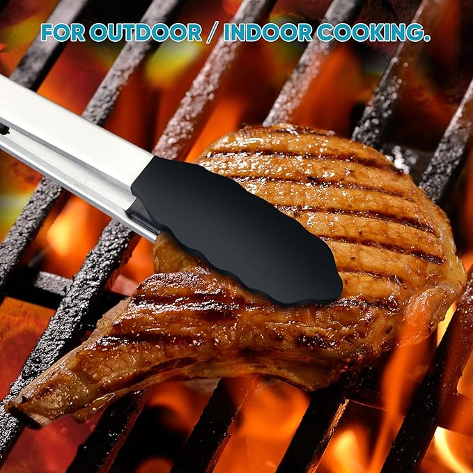 600℉ Heat Resistant Kitchen Tongs for Cooking with Silicone Tips,Maywe Tanso 17-Inch Stainless Steel Locking Cooking Tongs Food Tongs for BBQ,Cooking,Salad and Serving Food,Heavy Duty,Non-Stick,Black