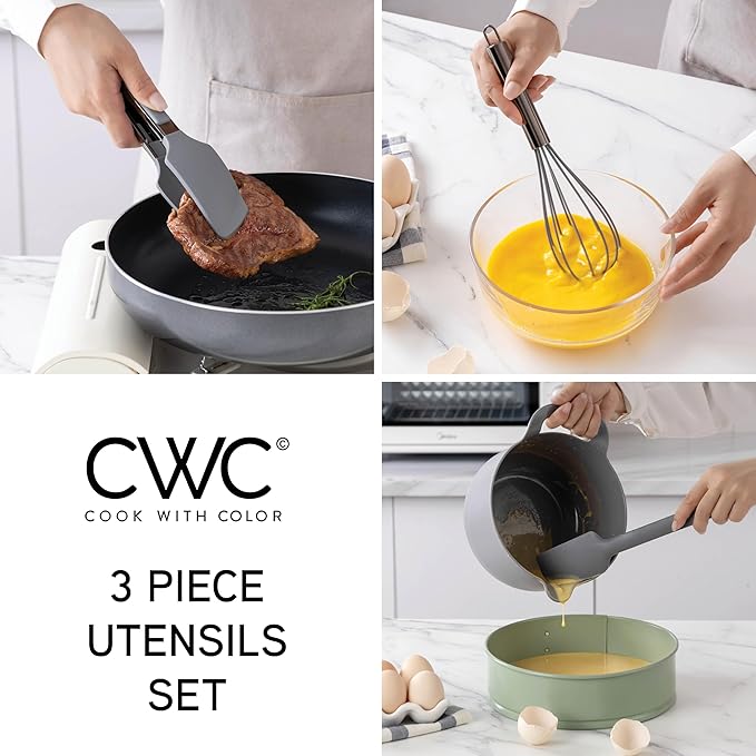 COOK WITH COLOR Stainless Steel Silicone Tipped Kitchen & BBQ Tongs Set, 3 Pc Utensils, Grey