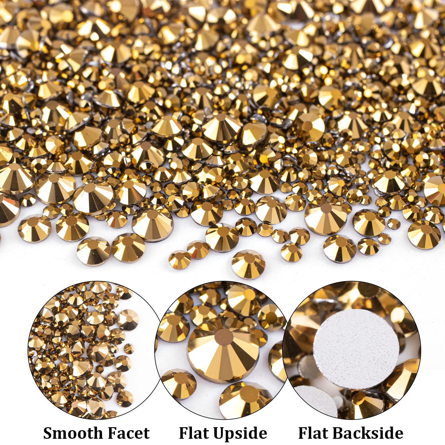One Pack 2000 Pcs of Flatback Round Mineral Gold Rhinestones 6 Sizes (1.5-6 mm) with Nail Art Rhinestone Picker Pencil and Tweezers for DIY and Salon Use-BrightBean Baby
