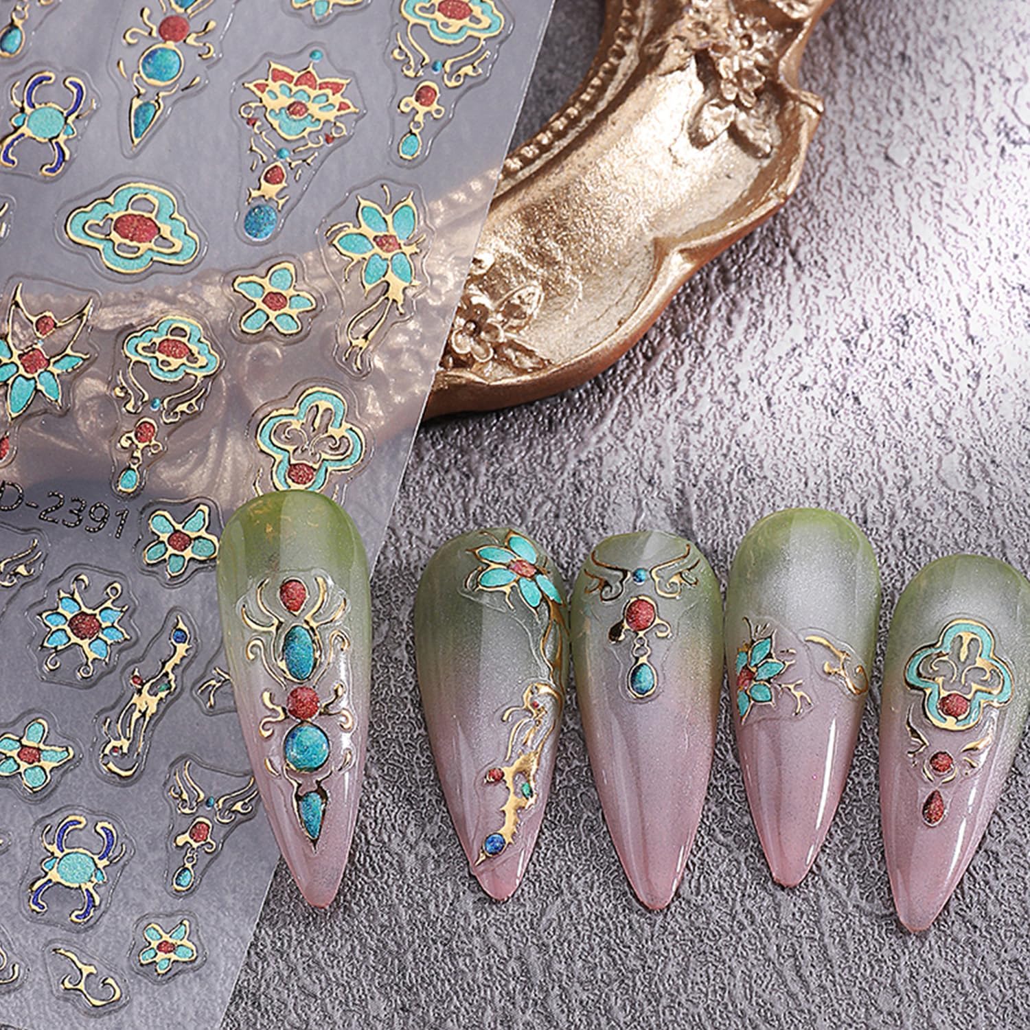 5 Sheets Bohemian Style Nails Art Stickers 3D Self-Adhesive Relief Nails Stickers Stars Moon Sun Golden Butterfly Flower Nail Decal Supplies Women's DIY Bohemian Nail Art Decoration-BrightBean Baby