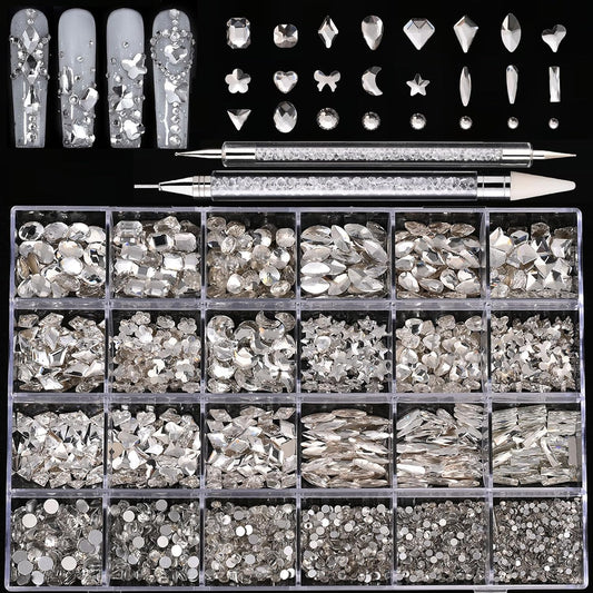 18 Types of 900 Special-Shaped Diamonds + 3200 Flat-Bottomed Nail Rhinestones, Clear Nail Crystal Gems Stone DIY Crafts for Shoes, Clothes, Jewels-BrightBean Baby