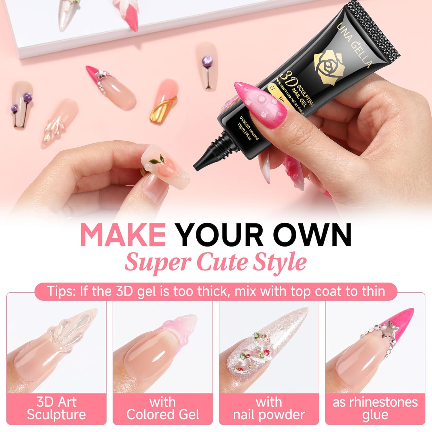 UNA GELLA 3D Gel Nail Art, 3D Nail Gel Sculpting G el Glue 15g 4 in 1 No Wipe Clear Nail Polish for Nails Tips, Chrome Powder, Nail Charms Gems, Drawing, Molding and DIY Nail Art Lamp Curing Needed-BrightBean Baby