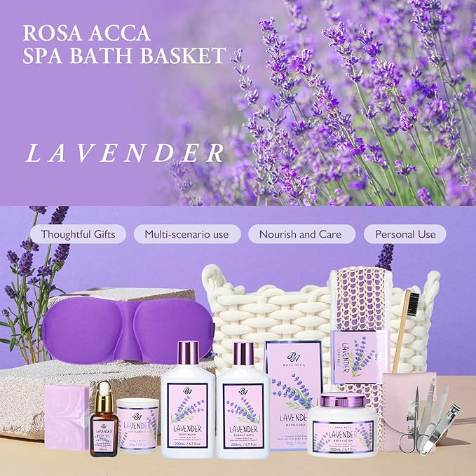 Bath and Body Gift For Women and Men - Lavender Home Spa Gift Set,Mug,Shower Gel,Bubble Bath,Lotion,Bath Bombs,Eye Mask,Manucure Set, Bath Belt, Body Oil,Bath Soak,Lip Balm,Soy Candle For Daily Use-BrightBean Baby