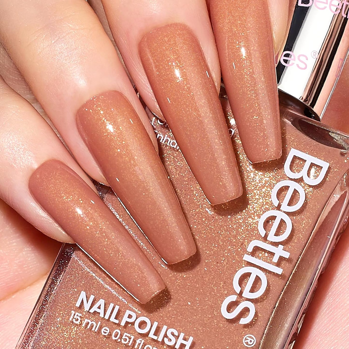 Beetles Glitter Brown Nail Polish –No UV Needed, Air Dry–Rosy Gold Shimmer Nude Rose Nail Lacquer–Fast Drying,Long Lasting,Salon-Quality Polish At-Home DIY-BrightBean Baby